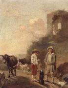 A landscape with young boys tending their animals before a set of ruins